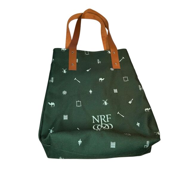 Market Tote Bag Canvas Fully Lined Leather Handles Green Patterned NRF Logo - Picture 2 of 10